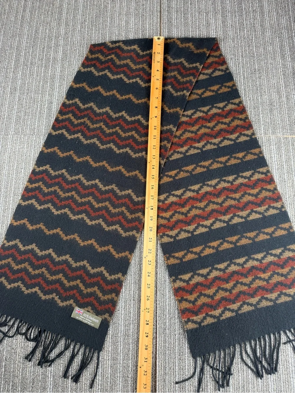100% Cashmere Scarf- Made inScotland Navy with Chevron and Fringe